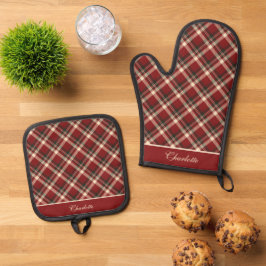Set De Manoplas Elegante Tartán Rojo Granate Crema Royal Stewart
