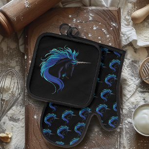 Set De Manoplas Elegante Unicornio Negro Fantasía Mágica Azul Plat