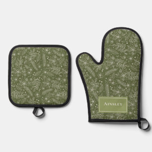 Set De Manoplas Elegante Verde Floral Botánico Familiar Navidad