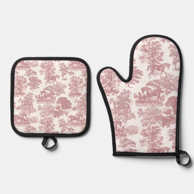 Set De Manoplas Elegantes caballos Rústicos De Toile Blanco Rosa (Anverso)