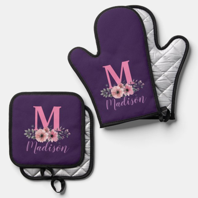 Set De Manoplas Elegantes Iniciales de Monograma Floral Púrpura Ro (Anverso/Reverso)