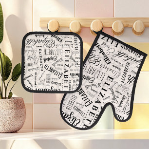 Set De Manoplas Elizabeth Black White Custom Name