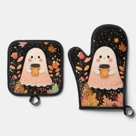 Set De Manoplas Encantador Fantasma de Otoño con Café de Calabaza