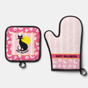 Set De Manoplas Enfermedades de horno Halloween Cat Retro Hallowee