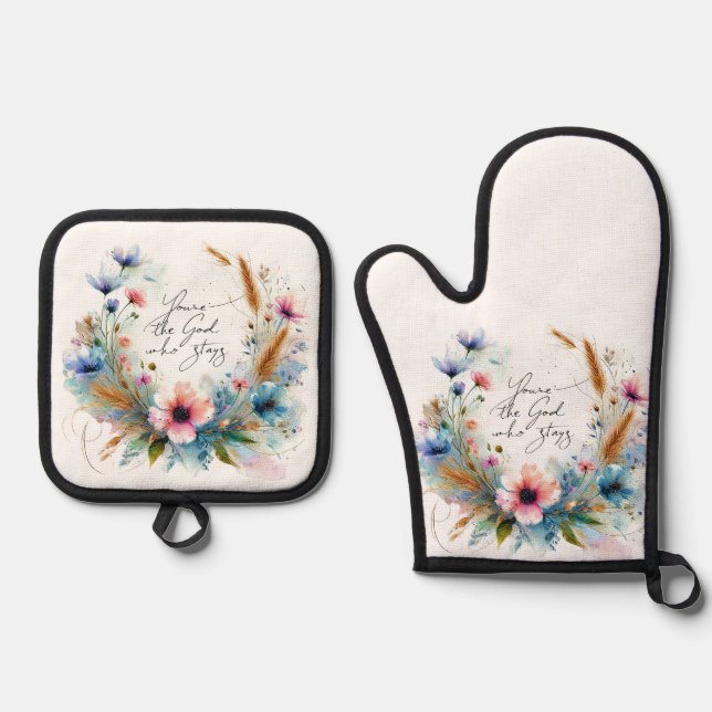 Set De Manoplas Eres el Dios que se queda, acuarela floral (Anverso)