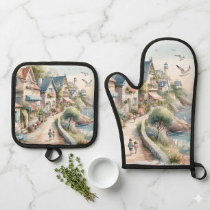 Set De Manoplas Escape al pueblo de cabañas costeras pastel