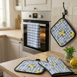 Set De Manoplas Esenciales de Cocina de Cuadros Azules y Limón