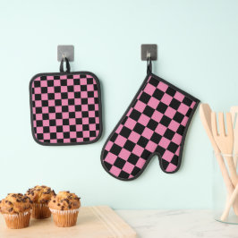 Set De Manoplas Estampado de cuadros negros y rosas