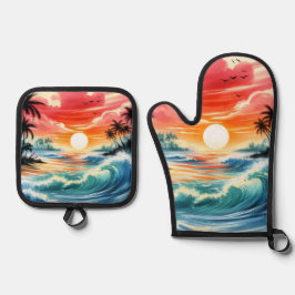 Set De Manoplas Estilo de tinta japonés en el océano Olas de palma