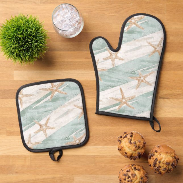 Set De Manoplas Estrellas de Mar Rayas Aqua Menta Playa   (De arriba hacia abajo)