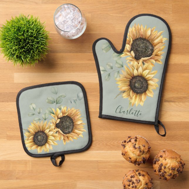 Set De Manoplas Eucalipto de girasol floral Rústico personalizado (De arriba hacia abajo)