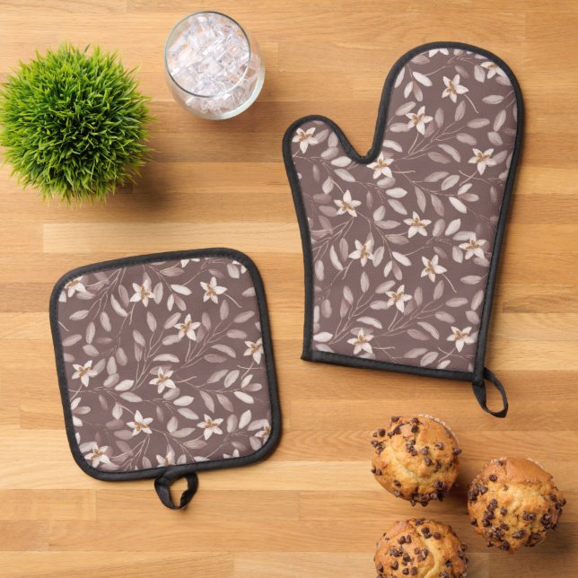 Set De Manoplas Eucalipto Floral Botánico Beige (De arriba hacia abajo)