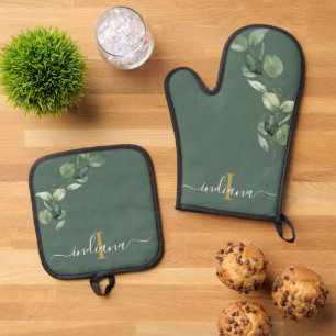 Set De Manoplas Eucalyptus Foliage Monograma Script Elegante
