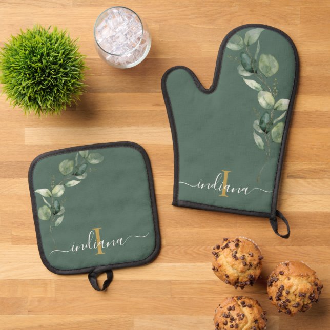 Set De Manoplas Eucalyptus Foliage Monograma Script Elegante (De arriba hacia abajo)