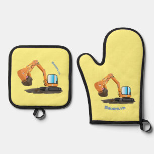 Set De Manoplas Excavadora naranja adorable dibujo animado