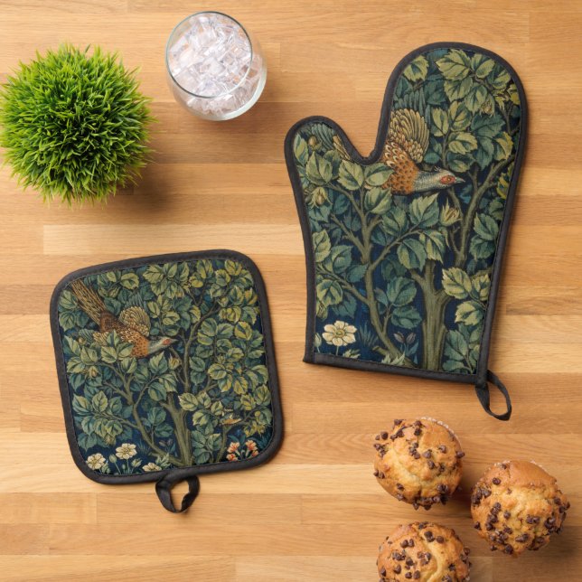 Set De Manoplas Faisán pájaro árbol bosque William Morris (De arriba hacia abajo)