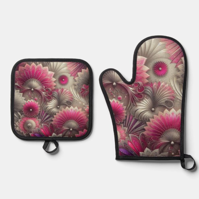 Set De Manoplas Fans de rosa y plateado Art Nouveau (Anverso)