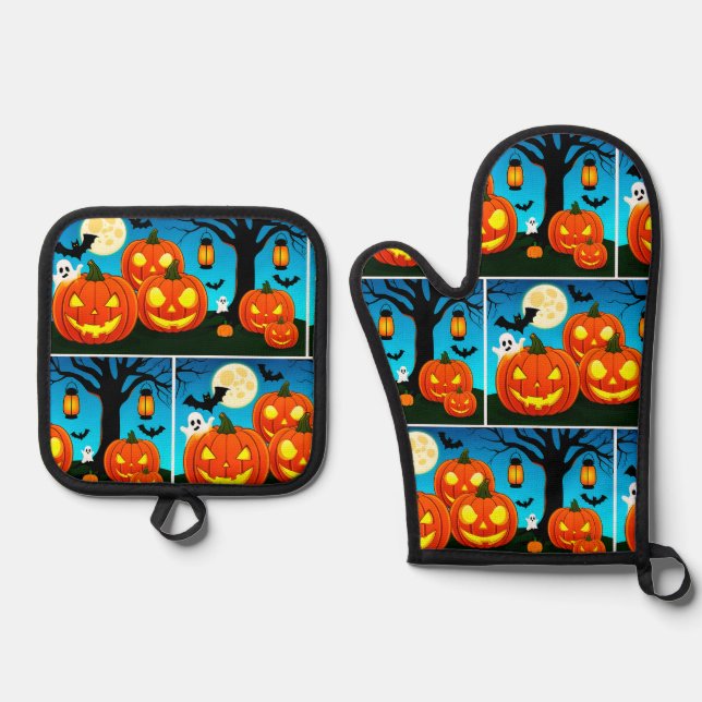 Set De Manoplas Fantasma de Halloween, calabazas, murciélagos (Anverso)