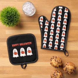 Set De Manoplas Fantasmas de Halloween felices con Jack-o-Lanterns