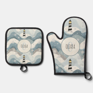 Set De Manoplas Faro con olas heladas Monograma náutico de inviern