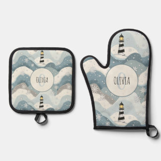 Set De Manoplas Faro con olas heladas Monograma náutico de inviern