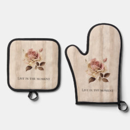 Set De Manoplas Faux Rusam Cream Pink Rose Wood