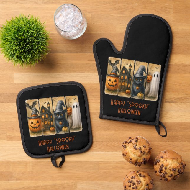 Set De Manoplas Felices calabazas de Halloween con gatos negros (De arriba hacia abajo)