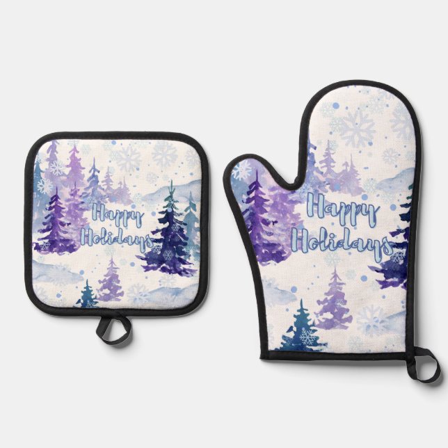 Set De Manoplas Felices fiestas Morado Invierno Árboles Nevados (Anverso)