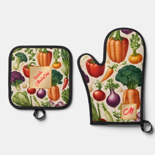 Set De Manoplas Felices Verduras Comida saludable Colección modern (Anverso)
