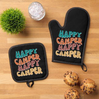 Set De Manoplas Feliz Camper Retro Wavy Textos Negro fondo