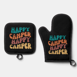 Set De Manoplas Feliz Camper Retro Wavy Textos Negro fondo