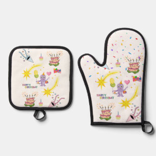 Set De Manoplas Feliz Cumpleaños Guante para Horno y Pulpo Soporte