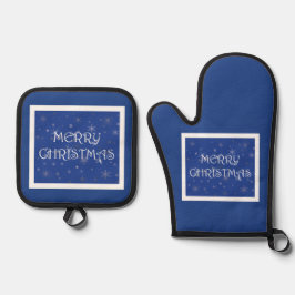 Set De Manoplas Feliz Navidad azul con copas de nieve