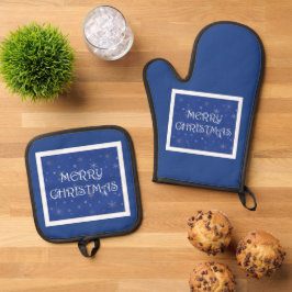 Set De Manoplas Feliz Navidad azul con copas de nieve