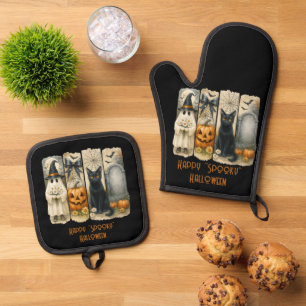 Set De Manoplas Feliz "Spooky" Gato negro de la calabaza de Hallow