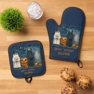 Set De Manoplas Feliz "Spooky" Gato negro de la calabaza de Hallow