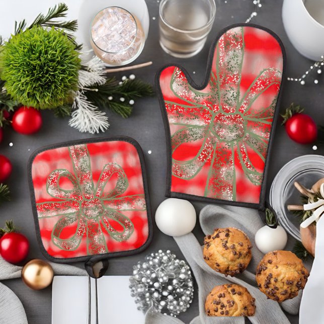 Set De Manoplas Festividad lindo enrejado rojo sabio gris blanco a (Subido por el creador)