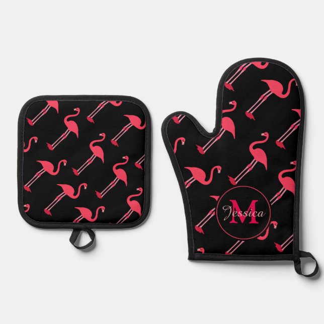 Set De Manoplas Flamencos rosados en negro personalizado (Anverso)