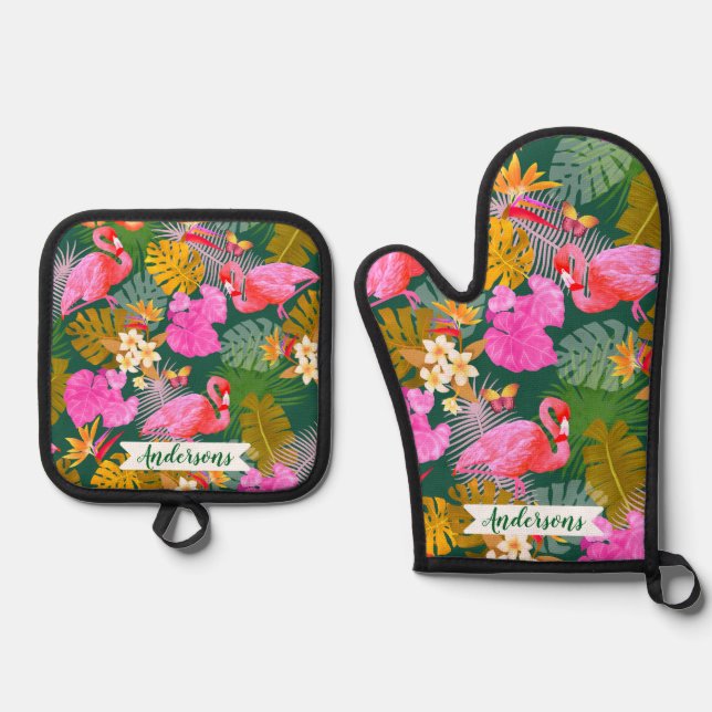 Set De Manoplas Flamingo Garden Dark Green (Anverso)