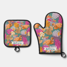 Set De Manoplas Flamingo Garden Turquoise