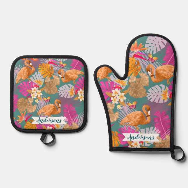 Set De Manoplas Flamingo Garden Turquoise (Anverso)