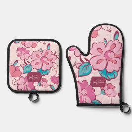 Set De Manoplas Flauta Rosa Encantadora Cocina Nombre Personalizad