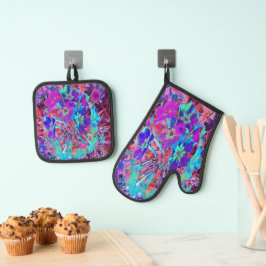 Set De Manoplas Flor abstracta morada y azul florecida