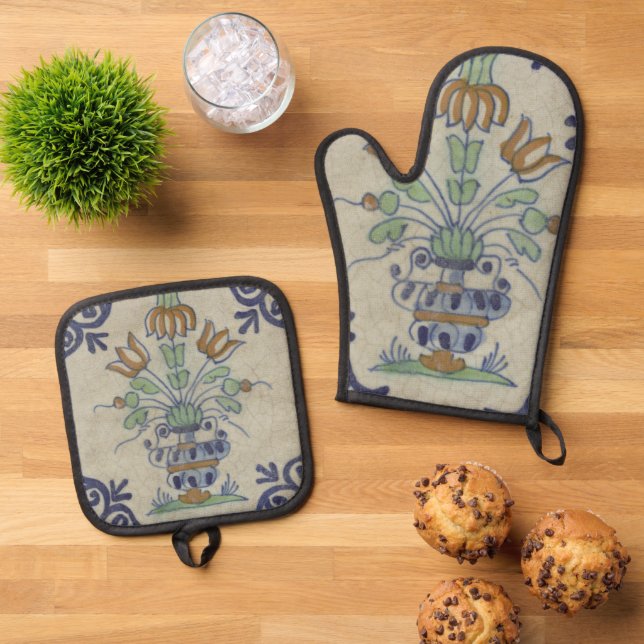 Set De Manoplas Flor De Cerámica Delft Tile Antiguo (De arriba hacia abajo)