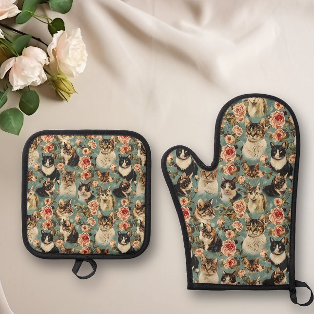 Set De Manoplas Flor floral de época de gato (Subido por el creador)
