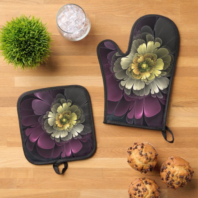 Set De Manoplas Flor Fractal Gris Purpura Moderna Abstracta (De arriba hacia abajo)