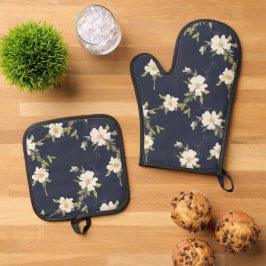 Set De Manoplas Floral blanca azul marina