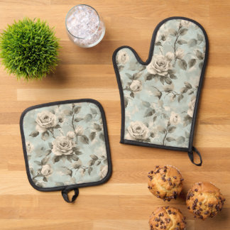 Set De Manoplas Floral chic azul y blanco