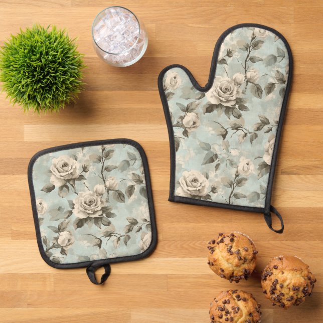 Set De Manoplas Floral chic azul y blanco (De arriba hacia abajo)