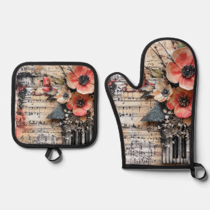 Set De Manoplas Floral con claves de piano rústicas y hoja de músi